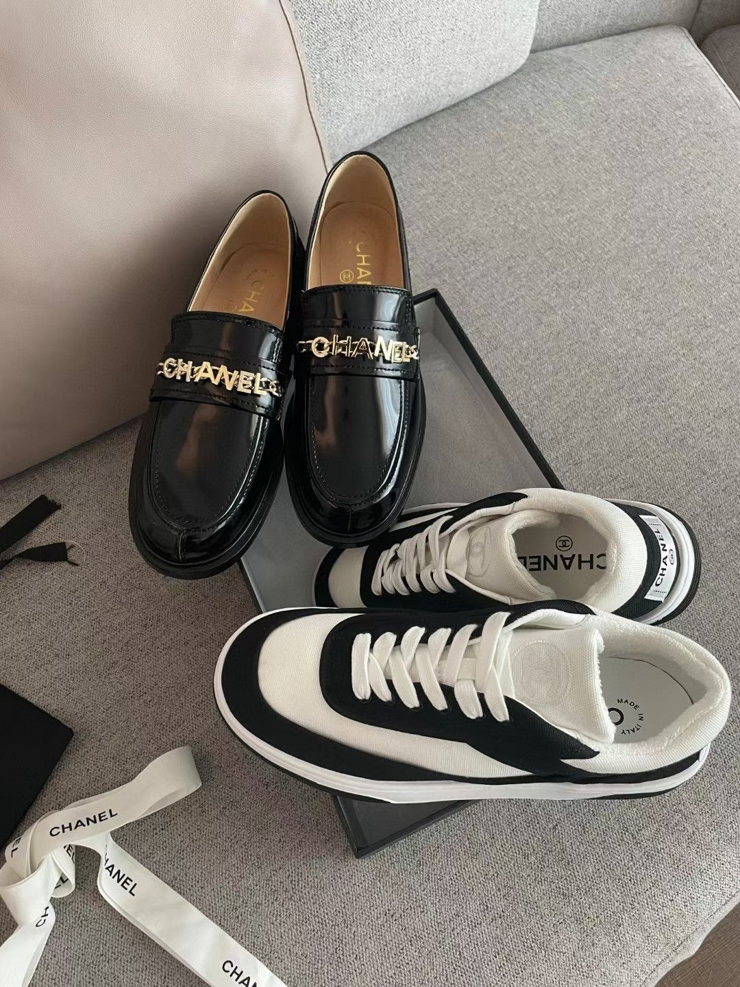 Chanel Moccasins in Black Calfskin Gold Metal Logo