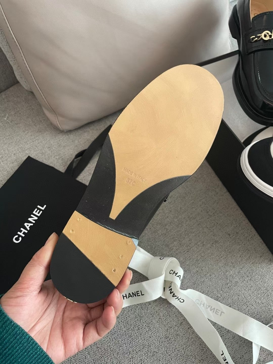 Chanel Moccasins in Black Calfskin Gold Metal Logo