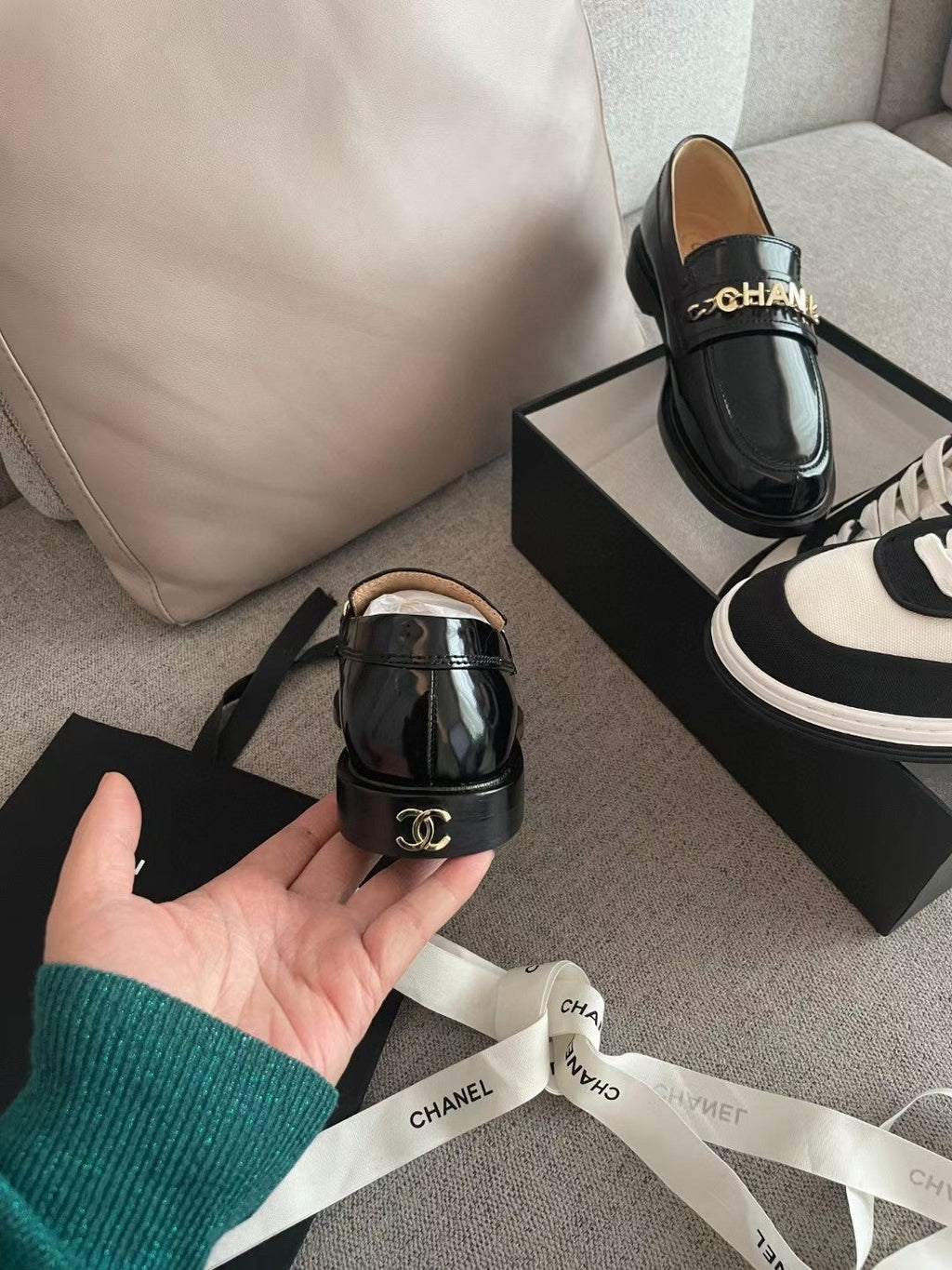 Chanel Moccasins in Black Calfskin Gold Metal Logo