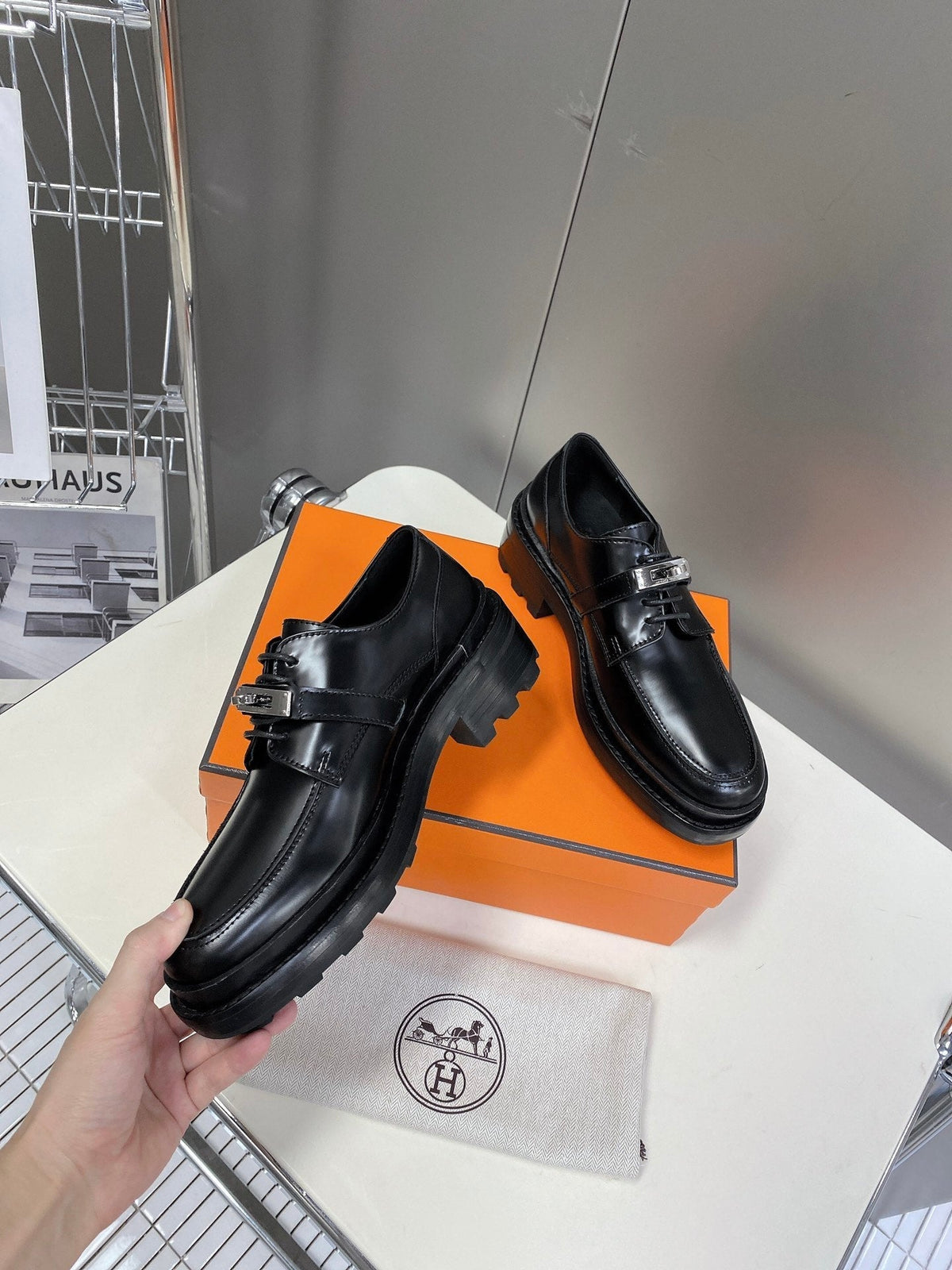 Hermes 25S Loafer in Black Lambskin with Silver Hardware