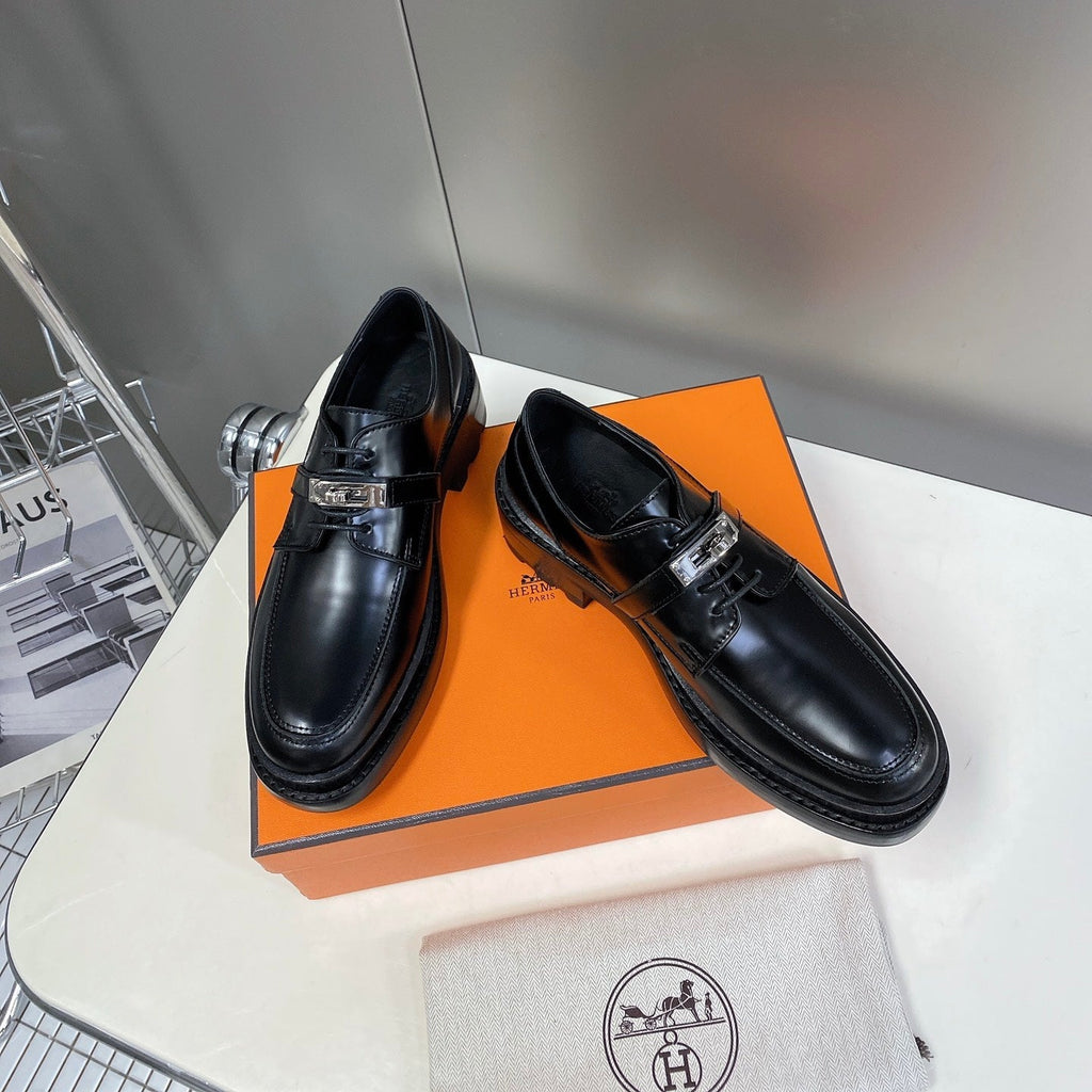 Hermes 25S Loafer in Black Lambskin with Silver Hardware