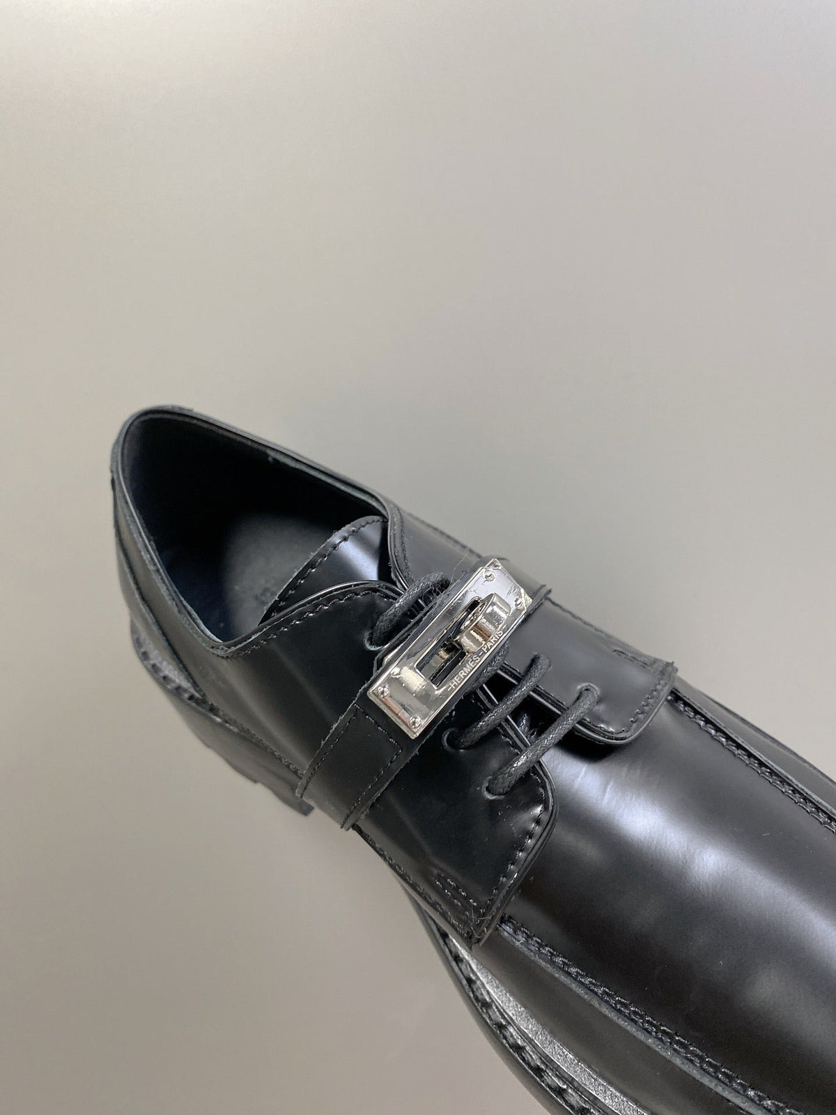 Hermes 25S Loafer in Black Lambskin with Silver Hardware