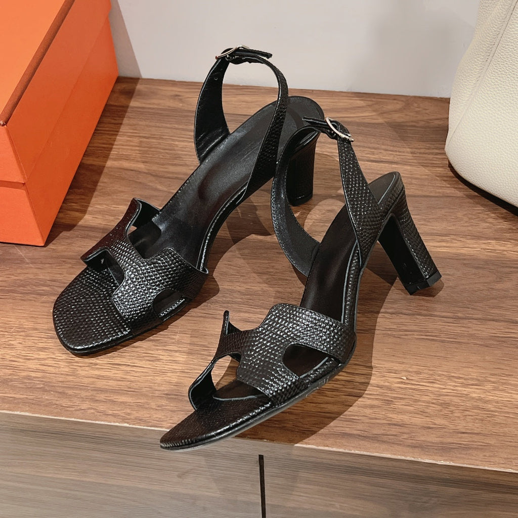 Hermes Holy 75 Sandal in Black Grained Calfskin