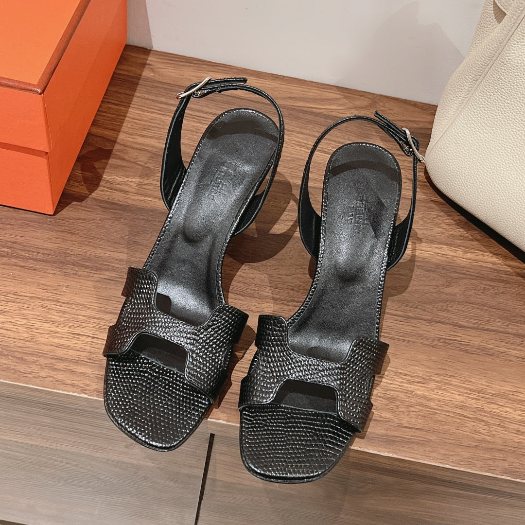 Hermes Holy 75 Sandal in Black Grained Calfskin