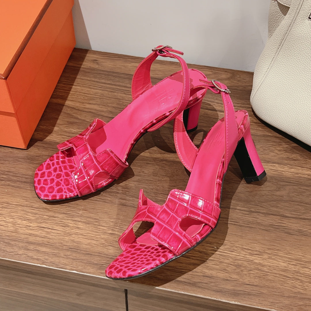 Hermes Slingback Eternite 75 Pink Lambskin and Crocodile Leather
