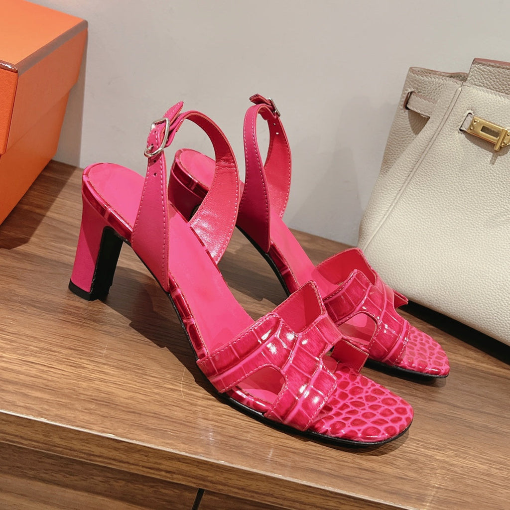 Hermes Slingback Eternite 75 Pink Lambskin and Crocodile Leather