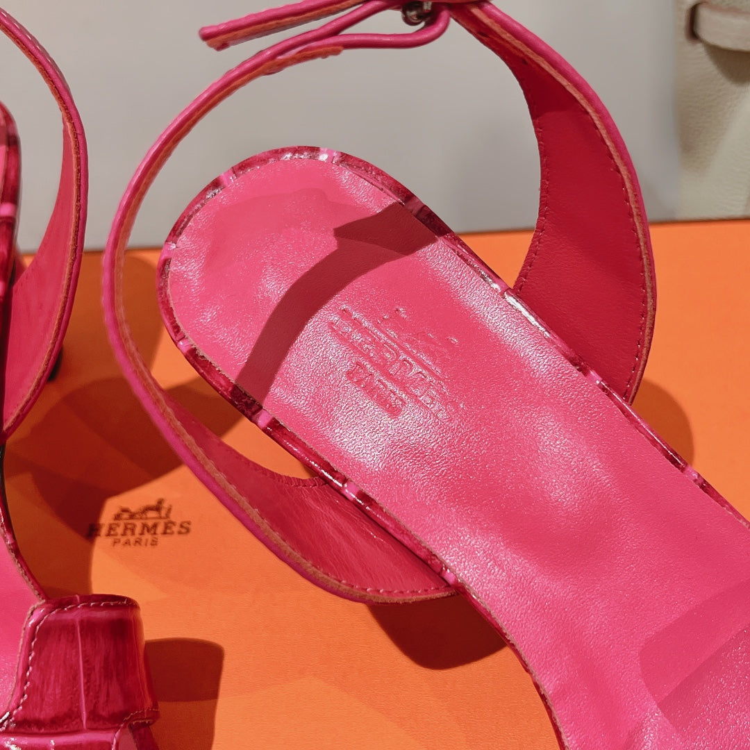 Hermes Slingback Eternite 75 Pink Lambskin and Crocodile Leather