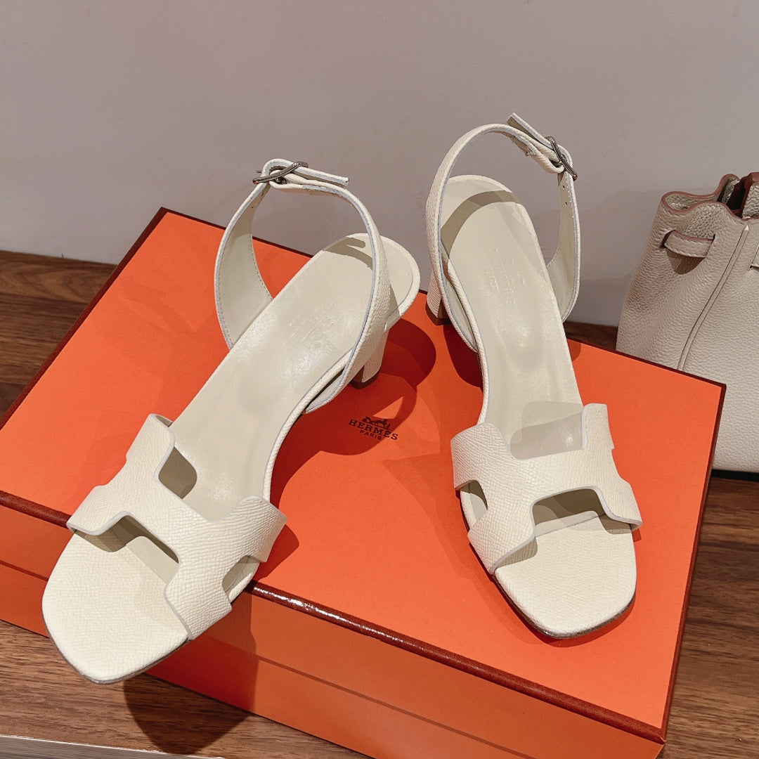Hermes Holy 75 Sandal in White Cream Grained Calfskin