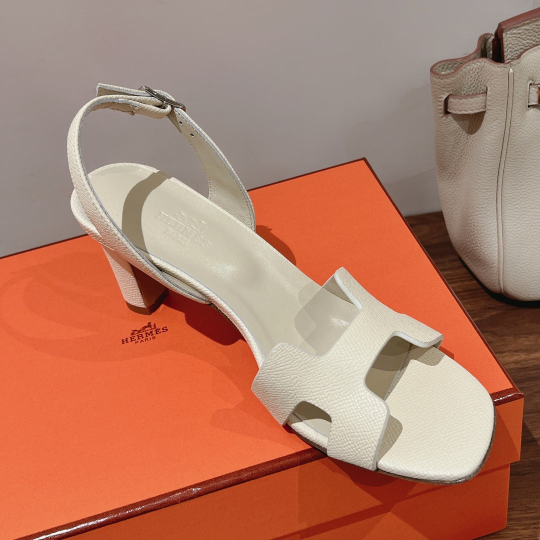 Hermes Holy 75 Sandal in White Cream Grained Calfskin