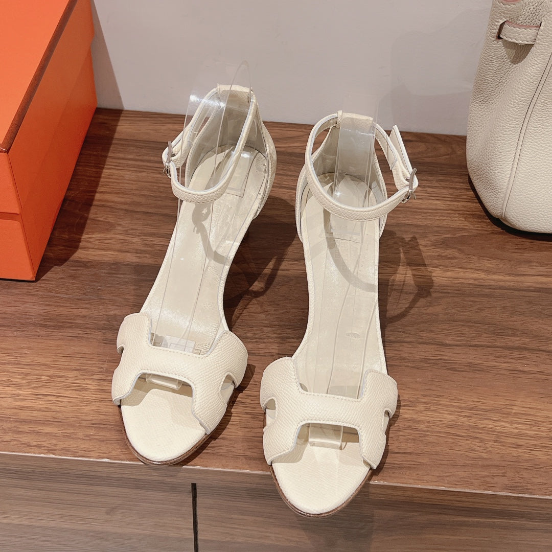 Hermes Premiere 70 Sandal in White Cream Grained Calfskin