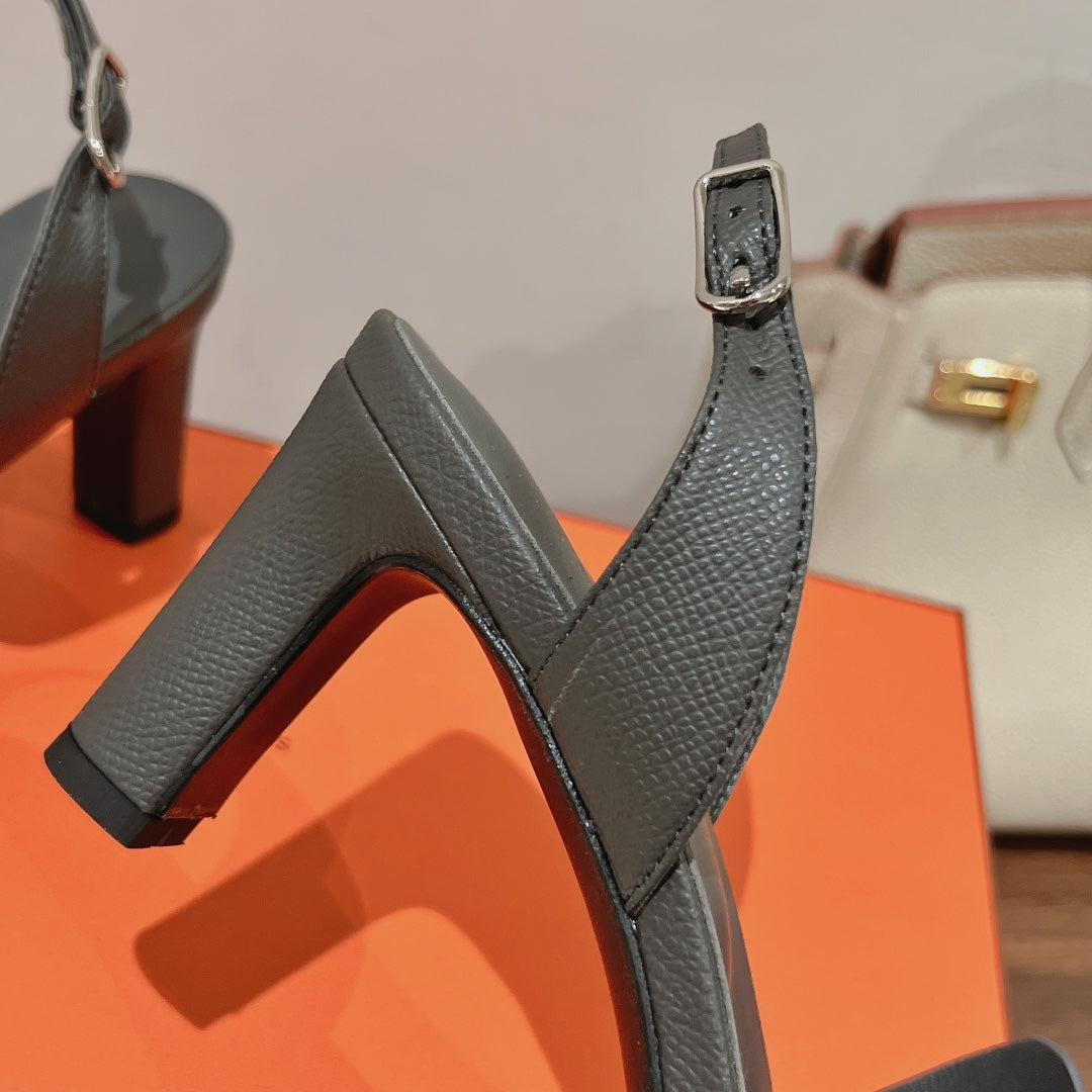 Hermes Holy 75 Sandal in Dark Gray Grained Calfskin
