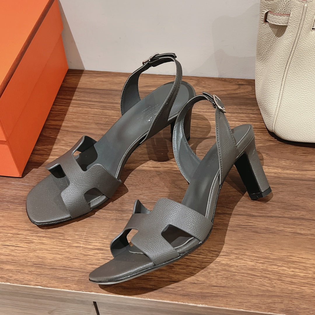 Hermes Holy 75 Sandal in Dark Gray Grained Calfskin