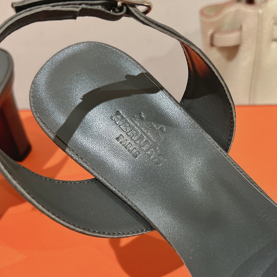 Hermes Holy 75 Sandal in Dark Gray Grained Calfskin