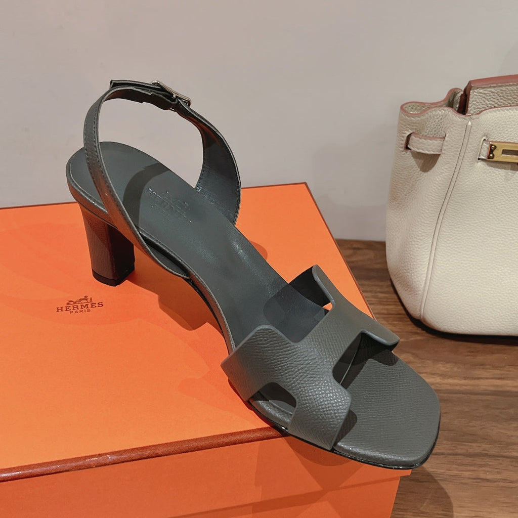 Hermes Holy 75 Sandal in Dark Gray Grained Calfskin