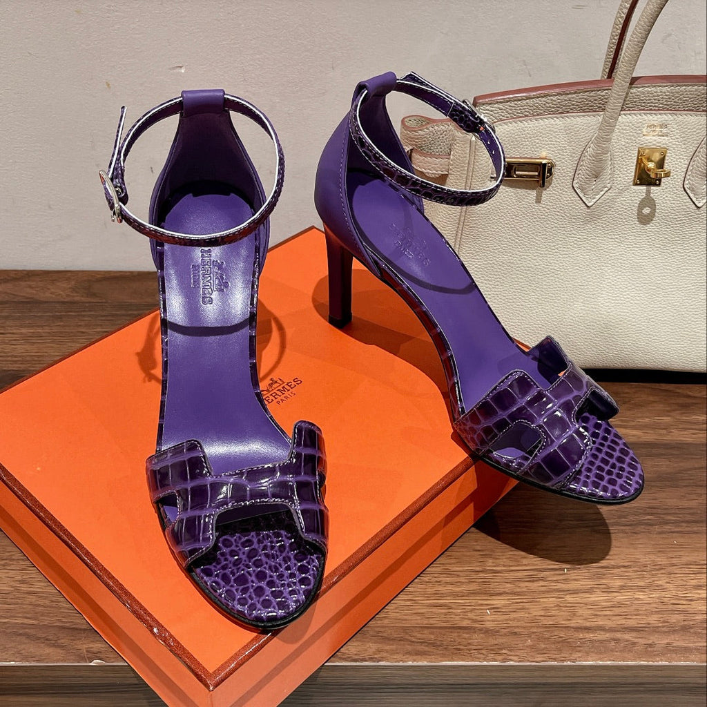 Hermes Premiere 115 Sandal in Violet Purple Crocodile Leather