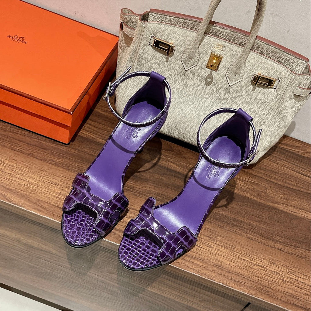 Hermes Premiere 115 Sandal in Violet Purple Crocodile Leather