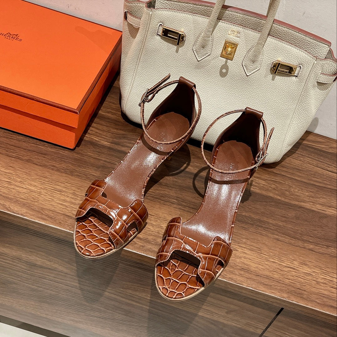 Hermes Premiere 70 Sandal in Bronze Brown Crocodile Leather