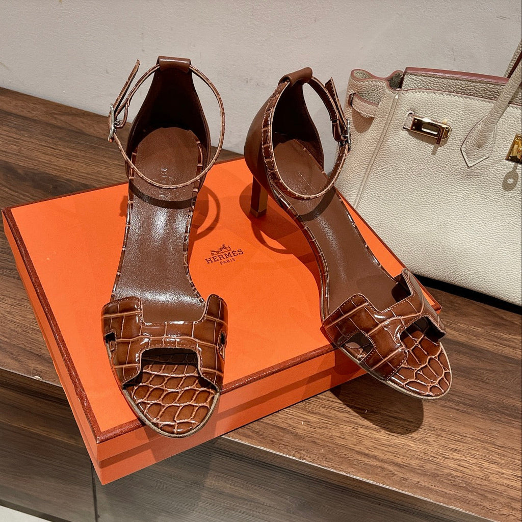 Hermes Premiere 70 Sandal in Bronze Brown Crocodile Leather