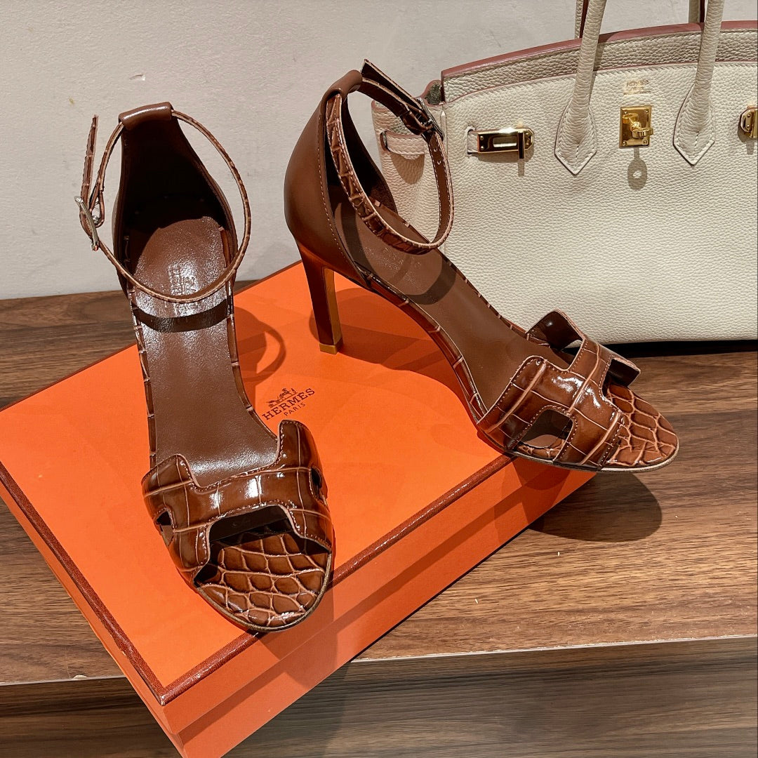 Hermes Premiere 105 Sandal in Bronze Brown Crocodile Leather