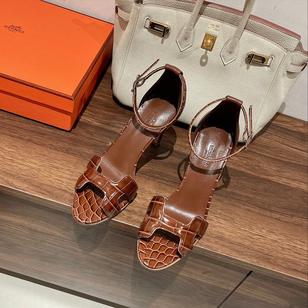 Hermes Premiere 105 Sandal in Bronze Brown Crocodile Leather