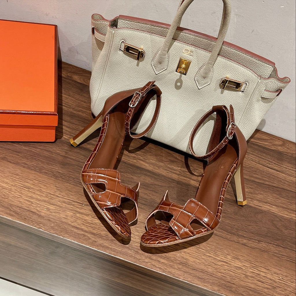Hermes Premiere 105 Sandal in Bronze Brown Crocodile Leather