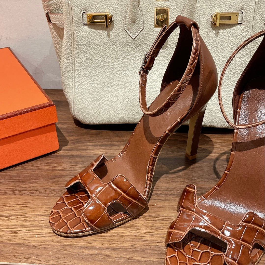 Hermes Premiere 115 Sandal in Bronze Brown Crocodile Leather
