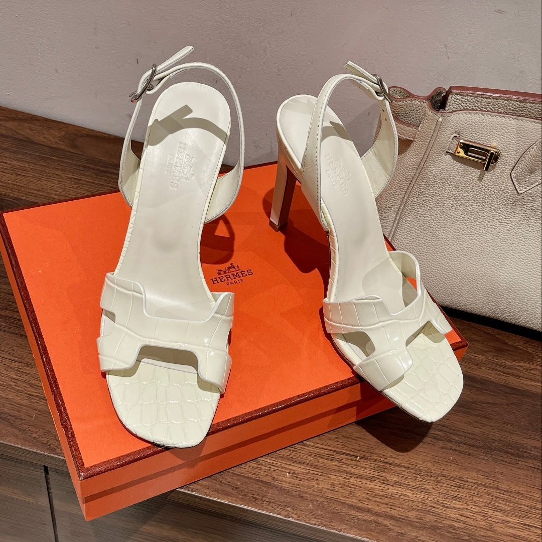 Hermes Slingback Eternite 105 White Lambskin and Crocodile Leather