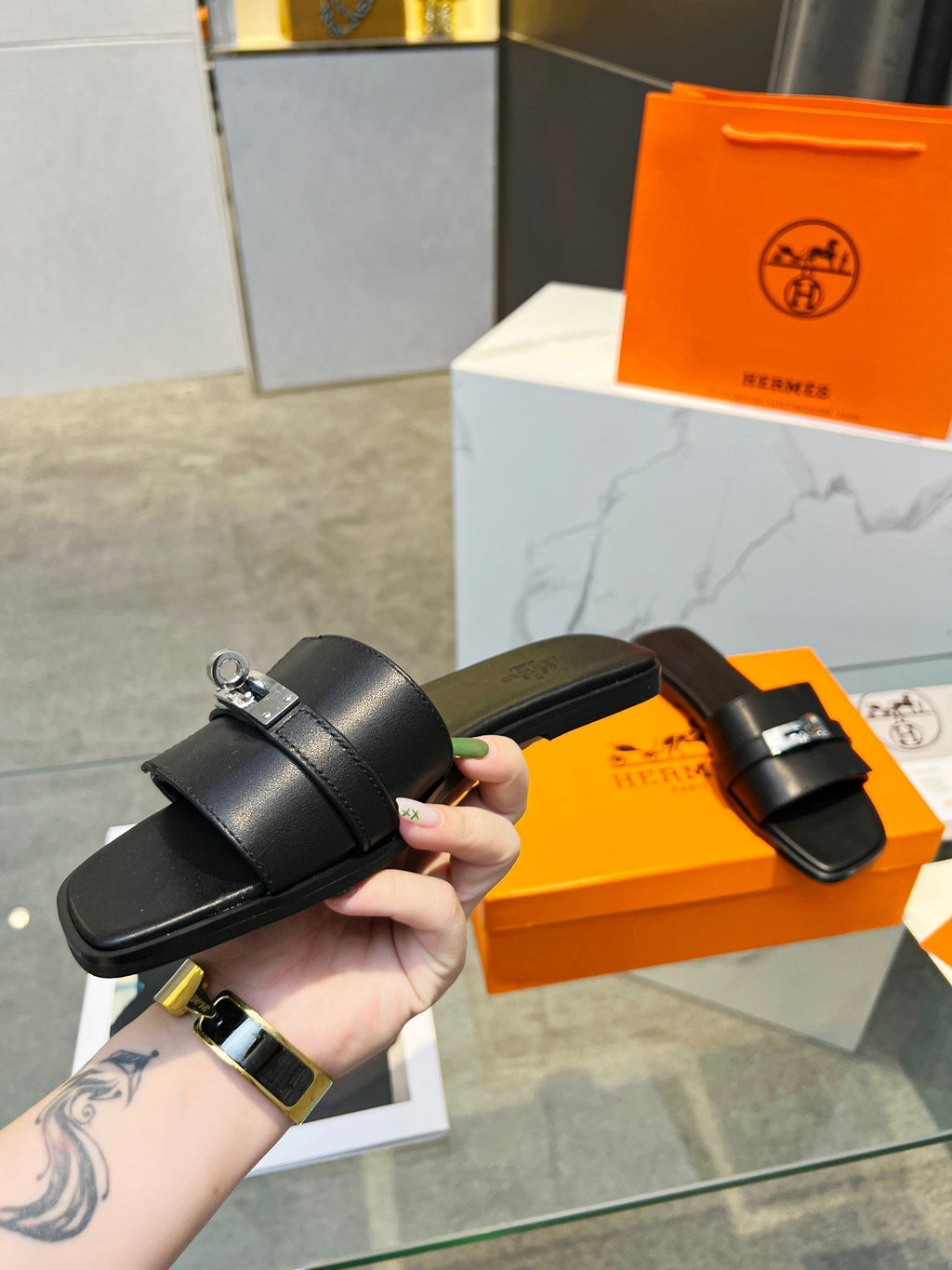 Hermes Giulia Sandal Black Calfskin
