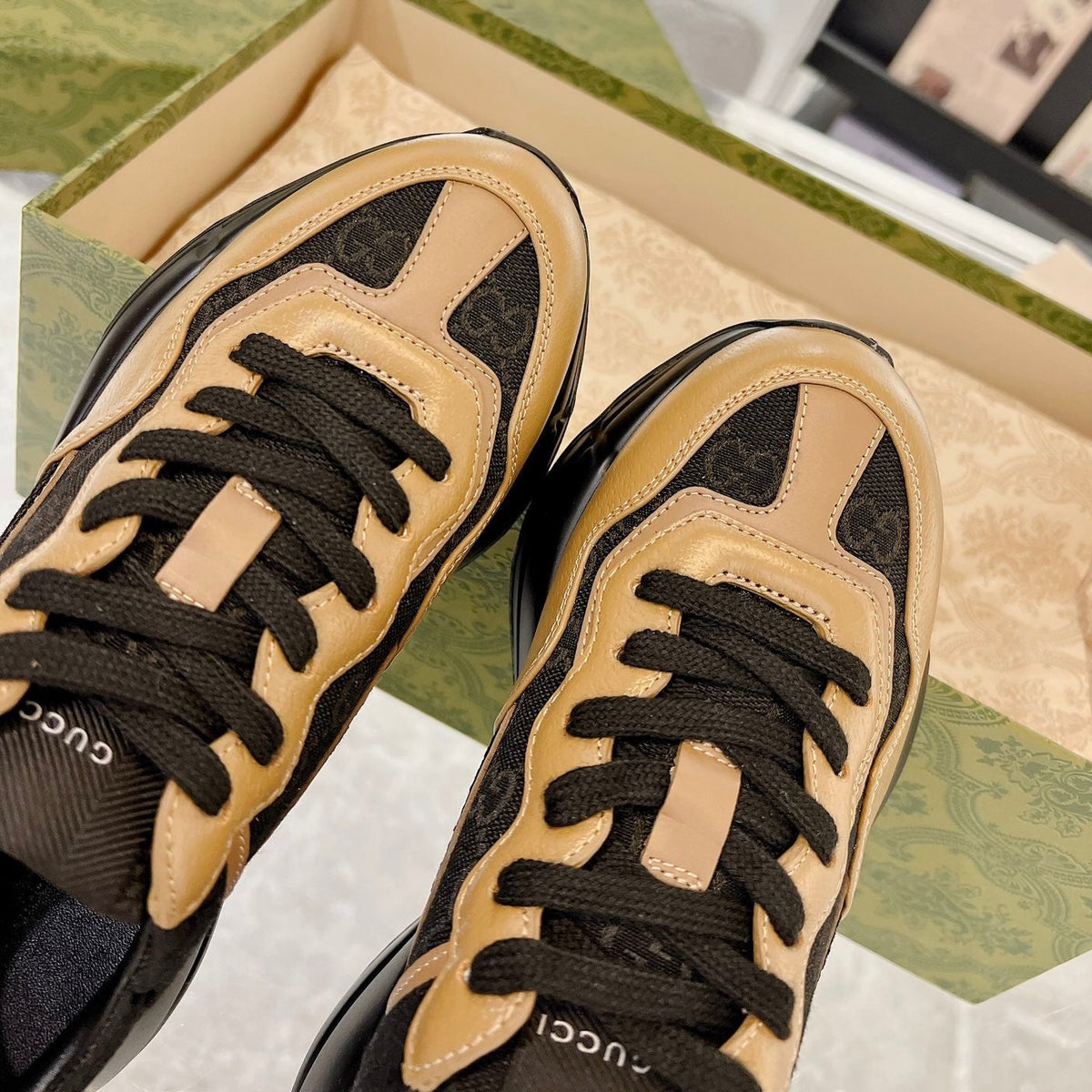 Gucci 100 Rhyton Sneaker Black Caramel Brown