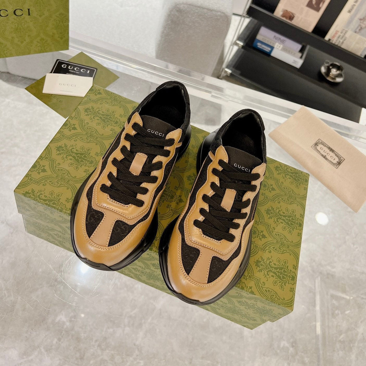 Gucci 100 Rhyton Sneaker Black Caramel Brown
