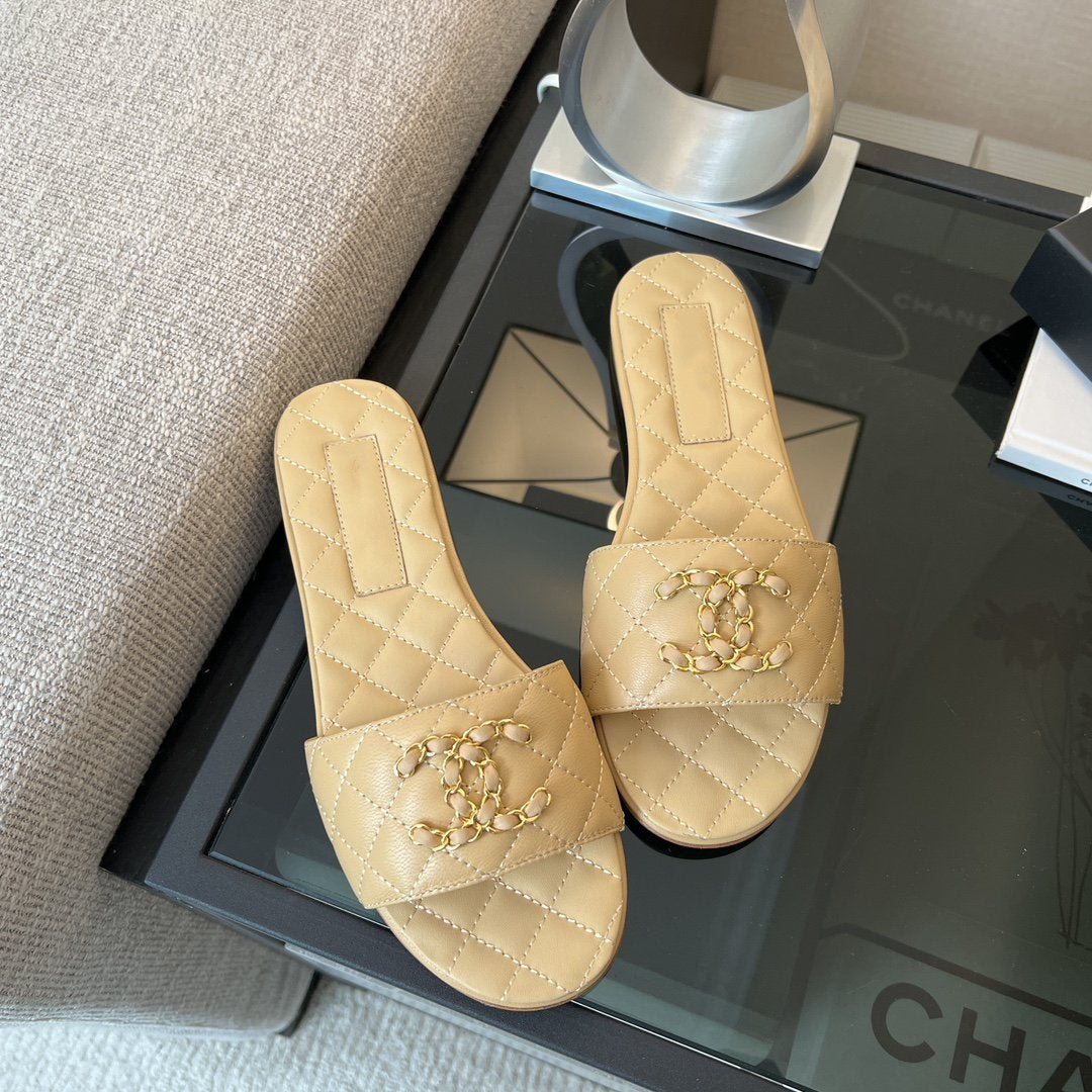 Chanel Mule Sandal Beige Quilted Lambskin