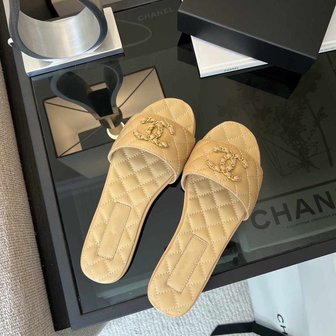 Chanel Mule Sandal Beige Quilted Lambskin