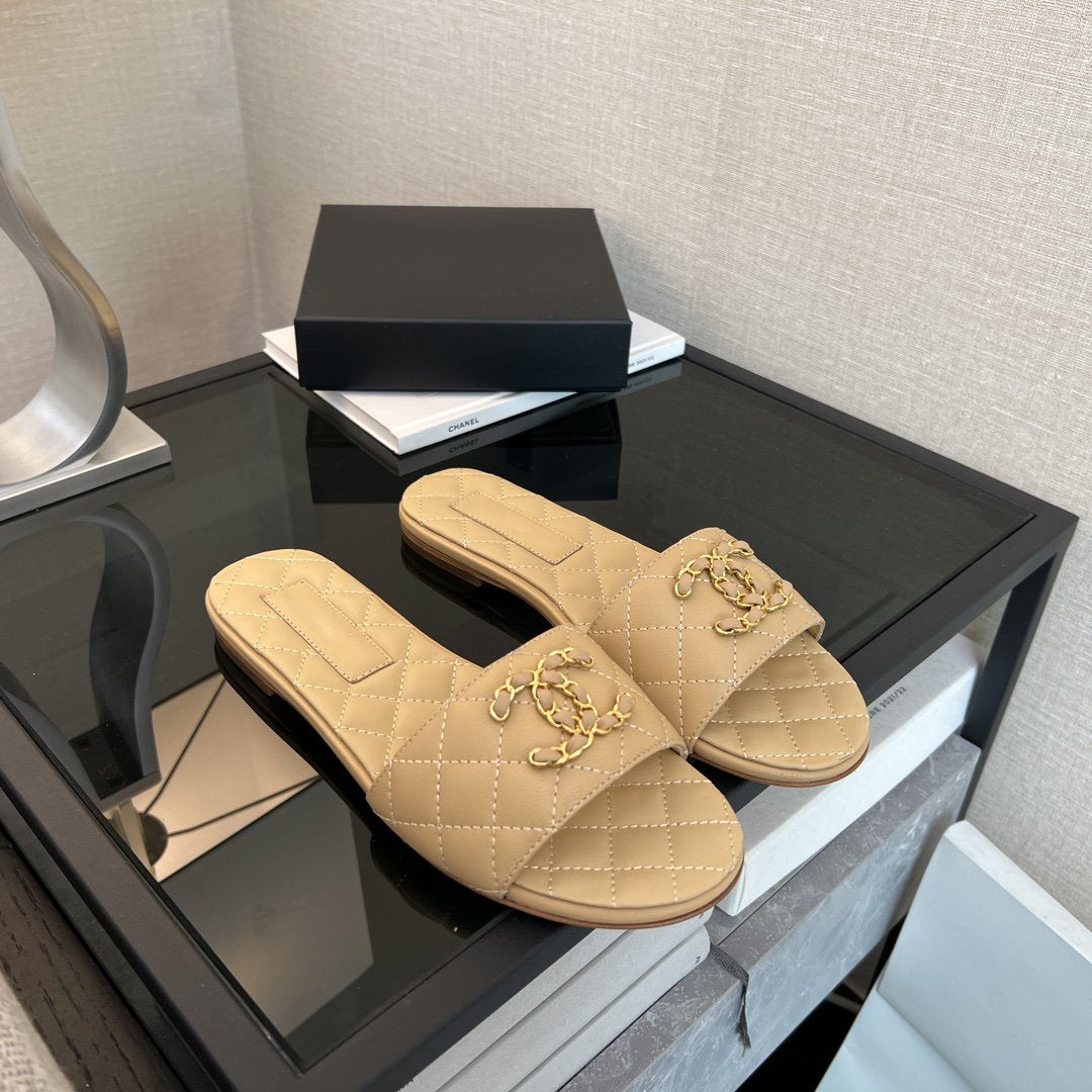 Chanel Mule Sandal Beige Quilted Lambskin