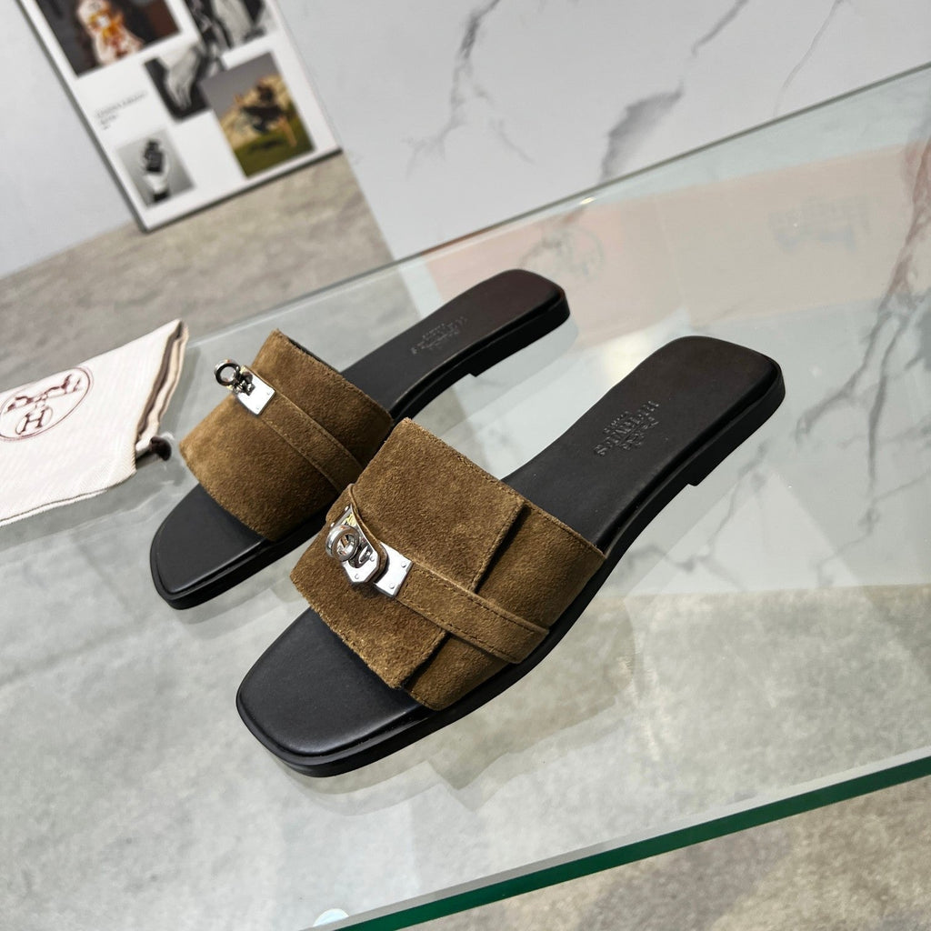 Hermes Giulia Sandal Brown Suede Black Calfskin