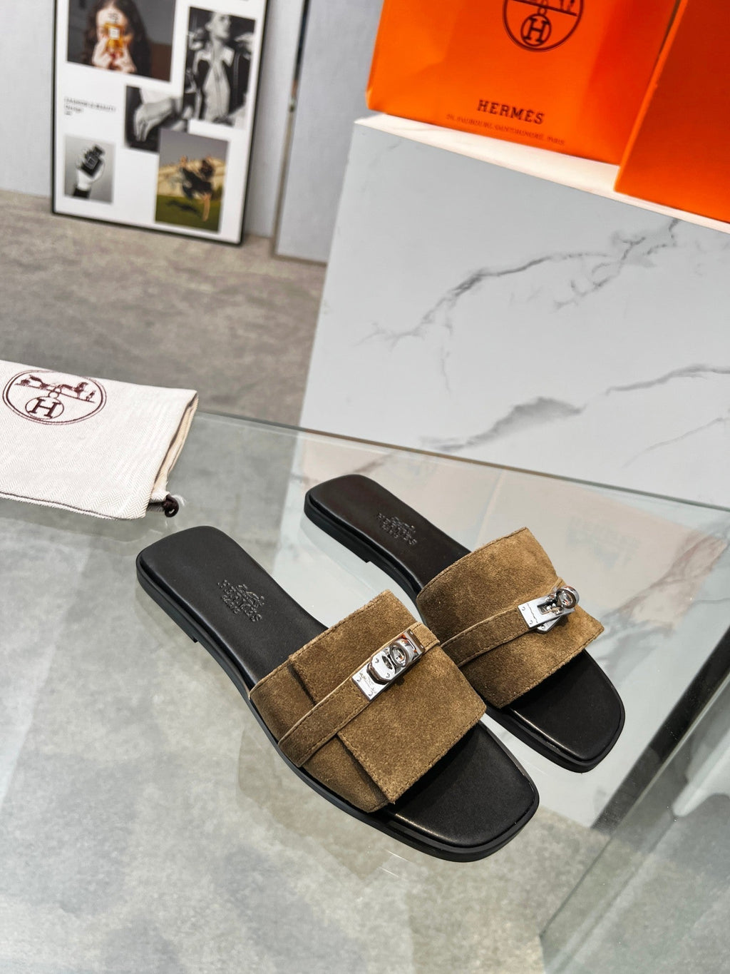 Hermes Giulia Sandal Brown Suede Black Calfskin
