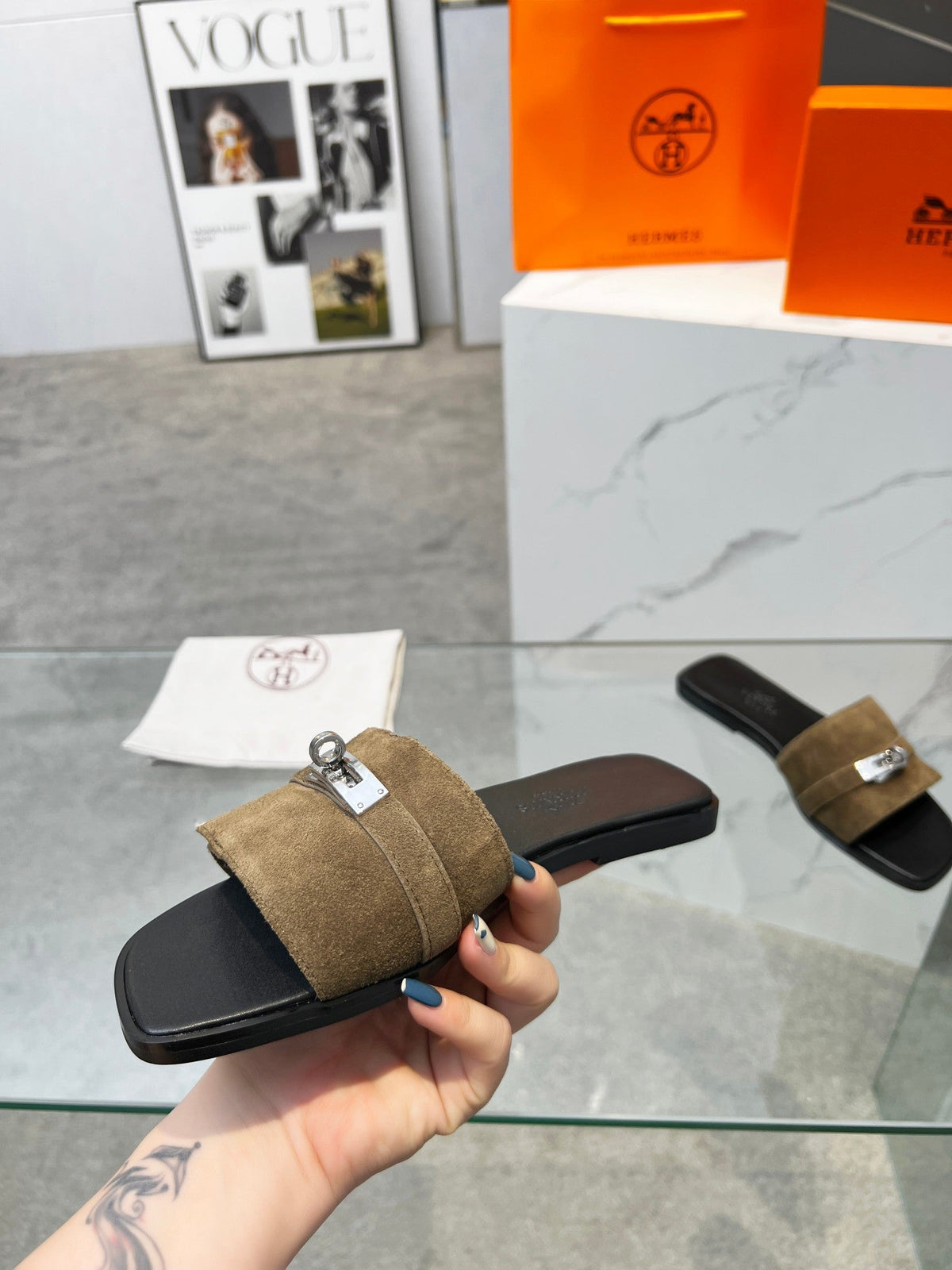 Hermes Giulia Sandal Brown Suede Black Calfskin