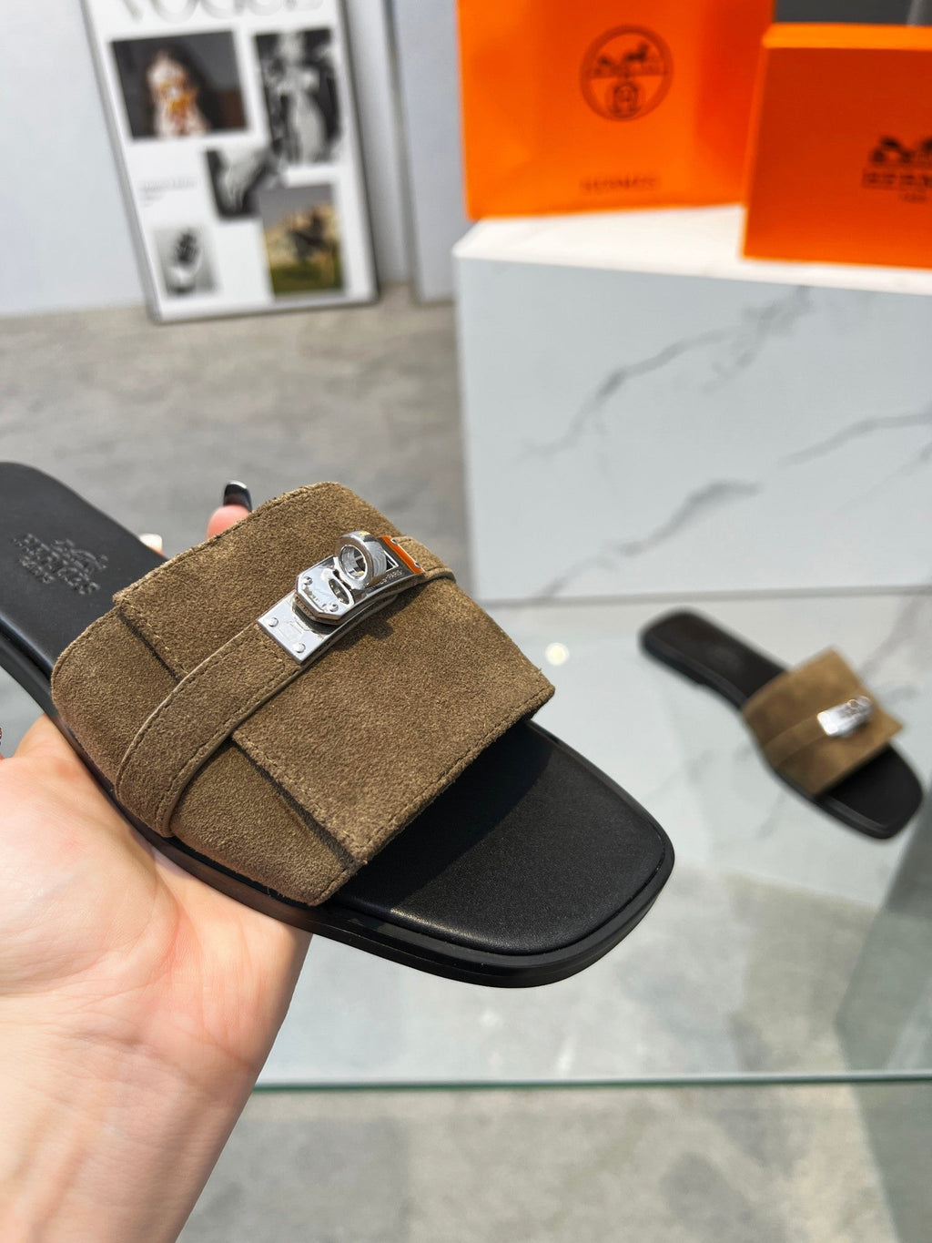 Hermes Giulia Sandal Brown Suede Black Calfskin