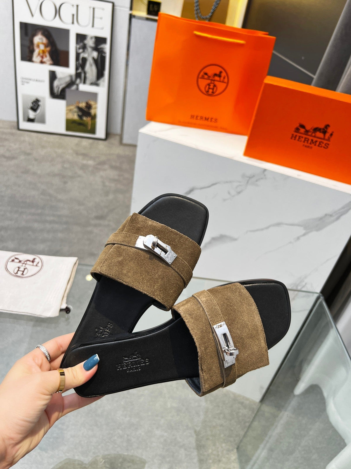 Hermes Giulia Sandal Brown Suede Black Calfskin