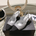 Chanel Slingback 6.5 Glitter Silver Black Grosgrain