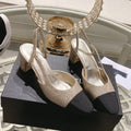 Chanel Slingback 6.5 Glitter Beige Black Grosgrain