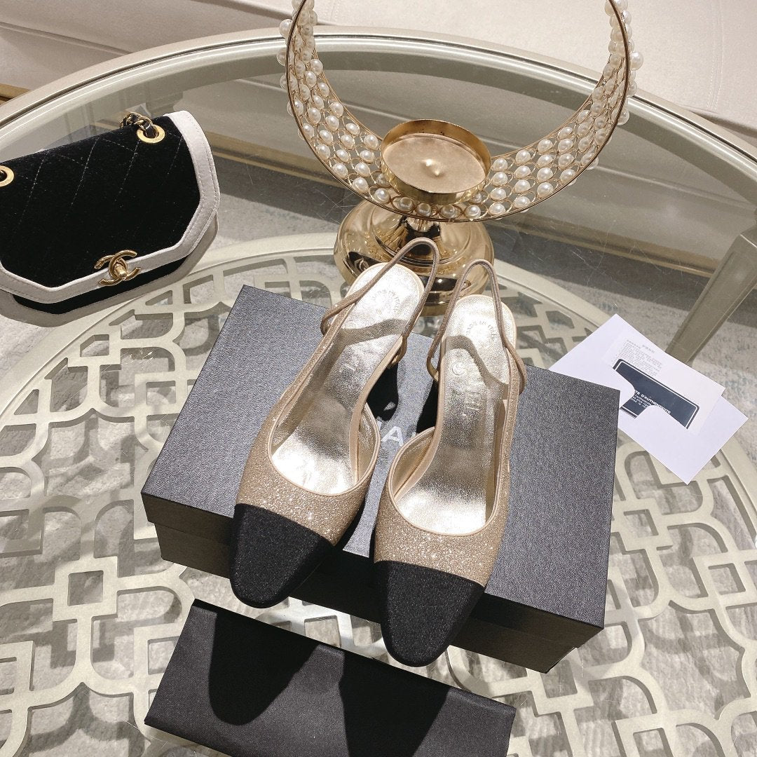 Chanel Slingback 6.5 Glitter Beige Black Grosgrain