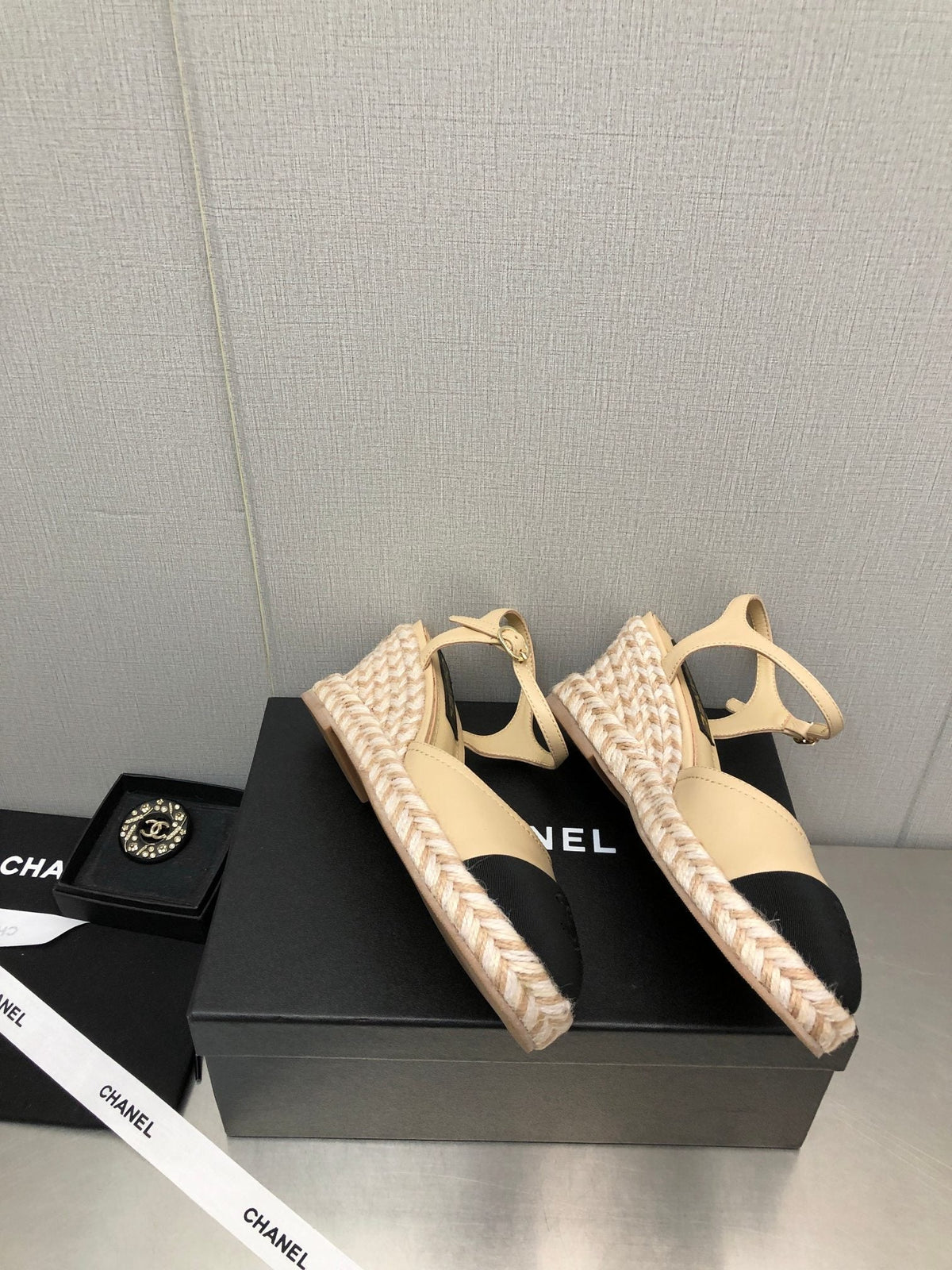 Chanel Mary Jane Wedge Beige Cream Lambskin