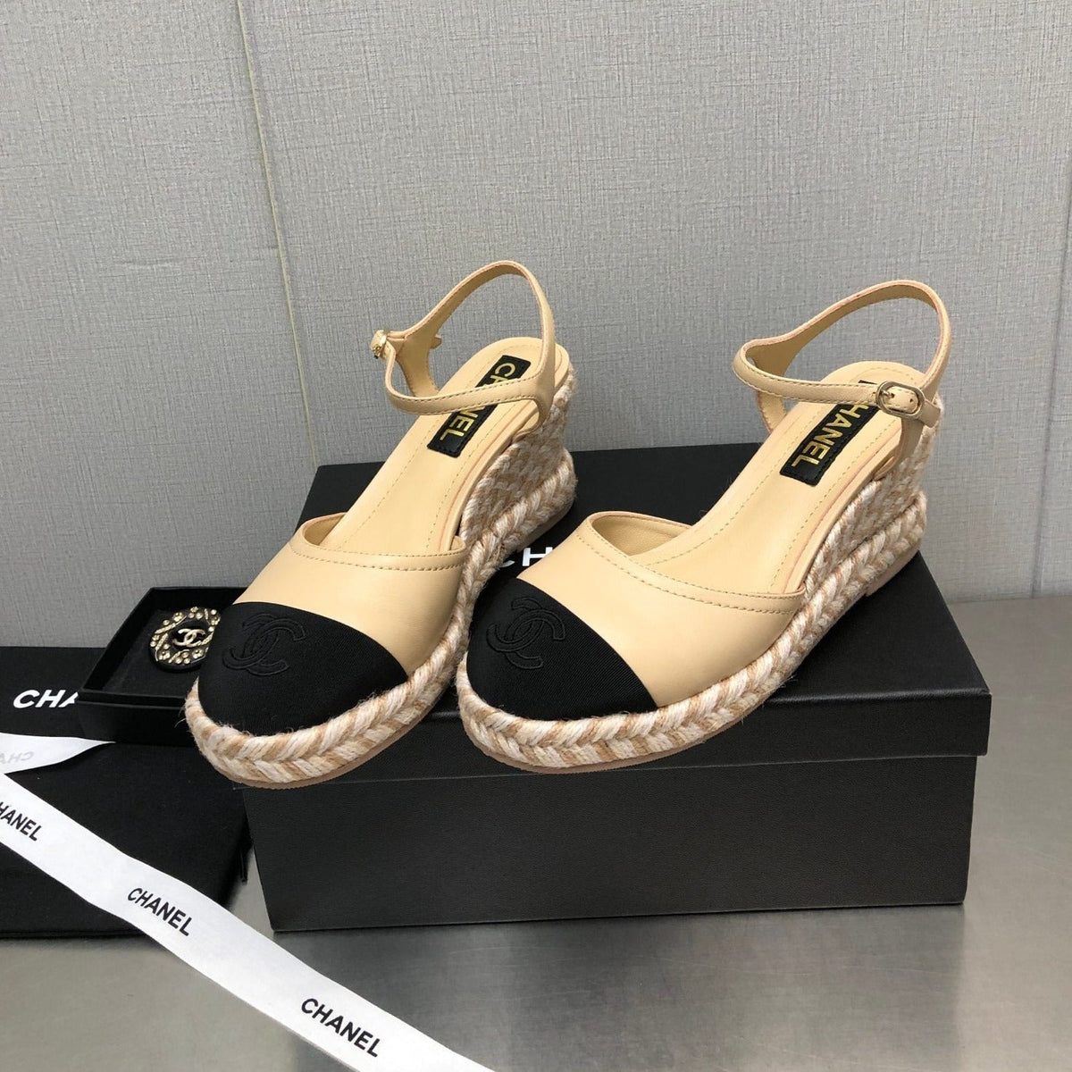 Chanel Mary Jane Wedge Beige Cream Lambskin
