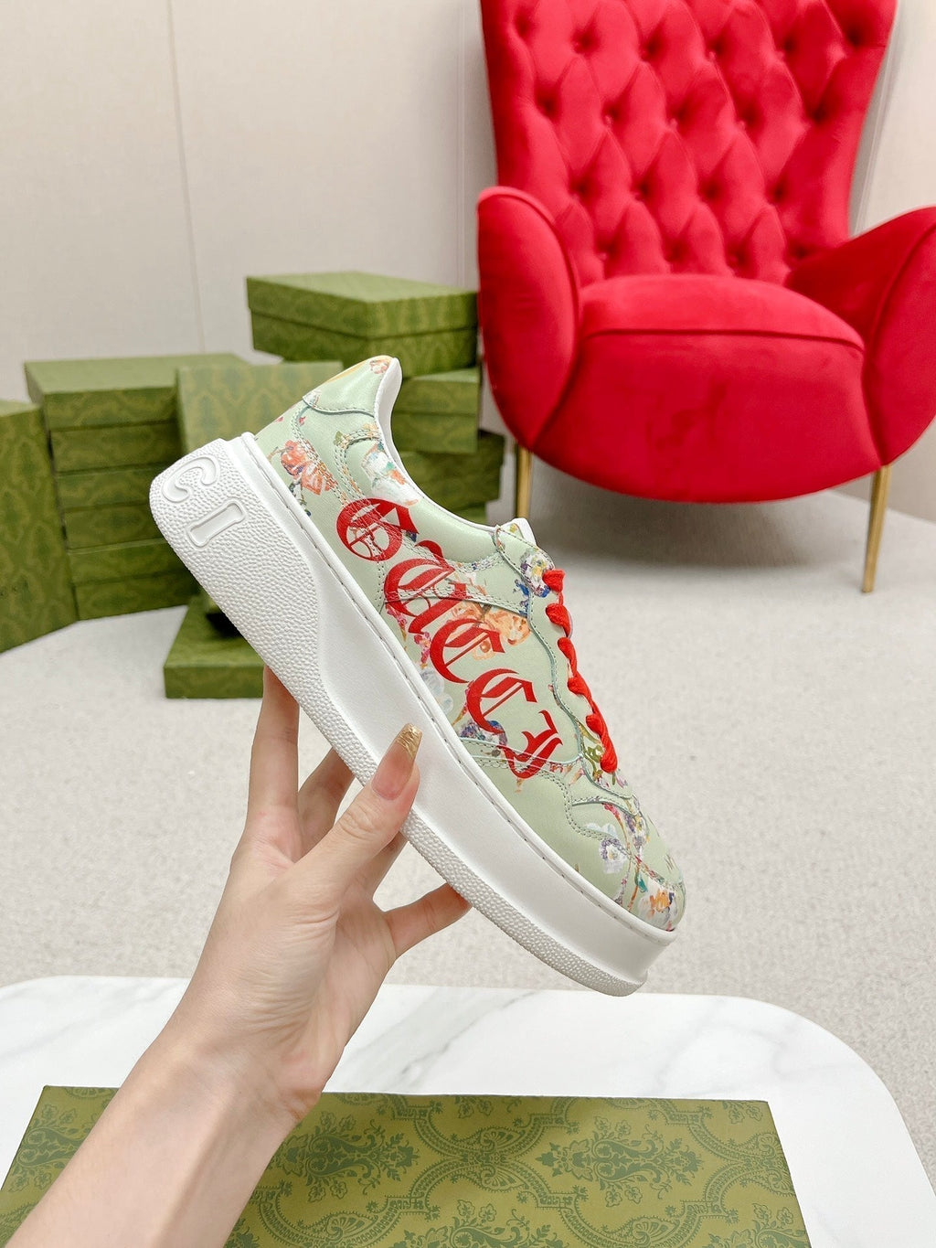 Gucci Trainer Sage Calfskin with Flowers Pattern