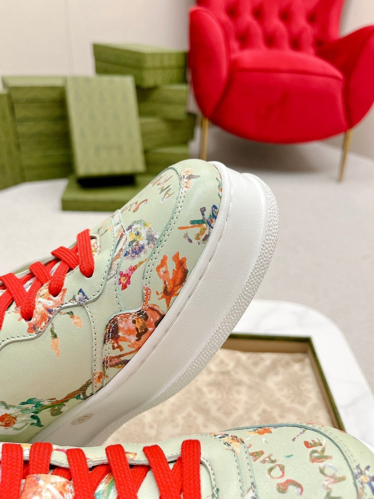 Gucci Trainer Sage Calfskin with Flowers Pattern