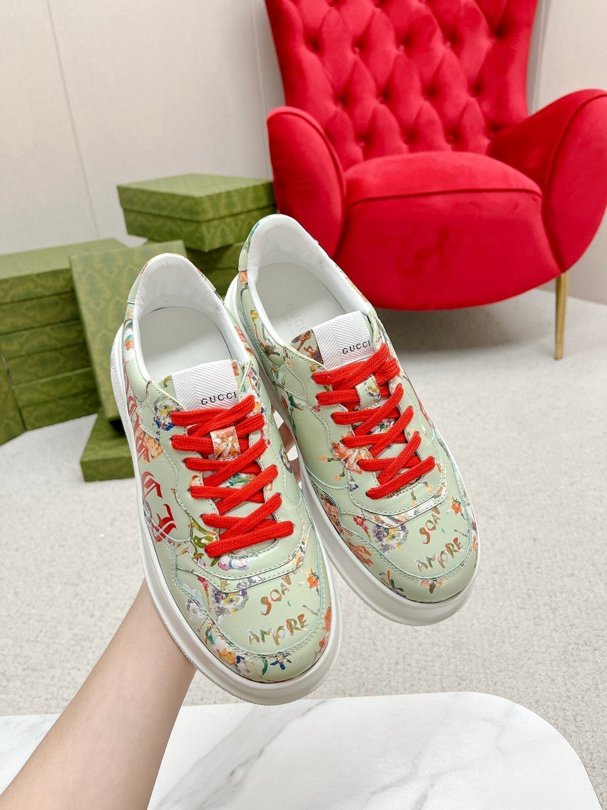 Gucci Trainer Sage Calfskin with Flowers Pattern
