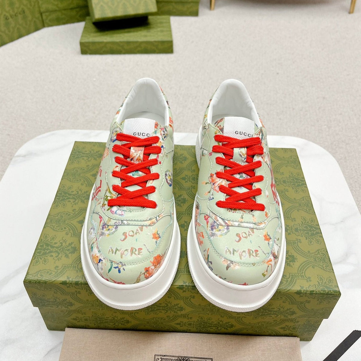 Gucci Trainer Sage Calfskin with Flowers Pattern