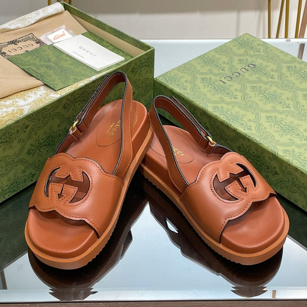 Gucci Interlocking G Cut Out Sandal Caramel Lambskin