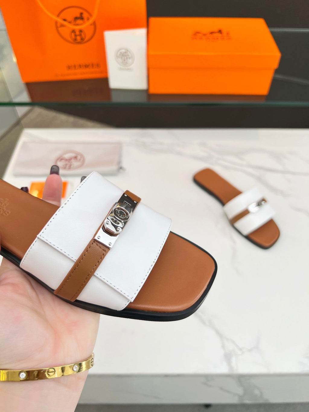 Hermes Giulia Sandal White Tan Calfskin