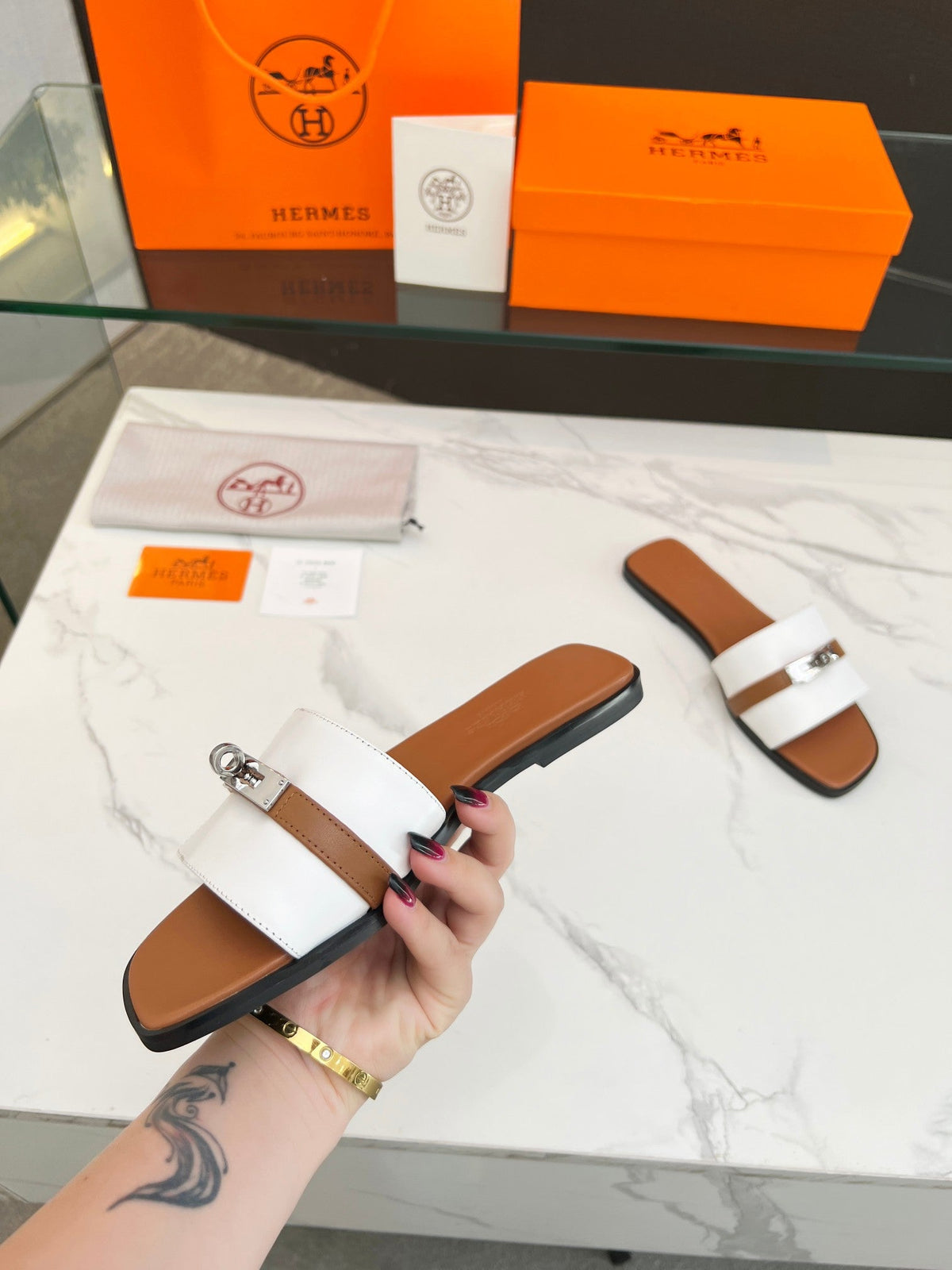 Hermes Giulia Sandal White Tan Calfskin